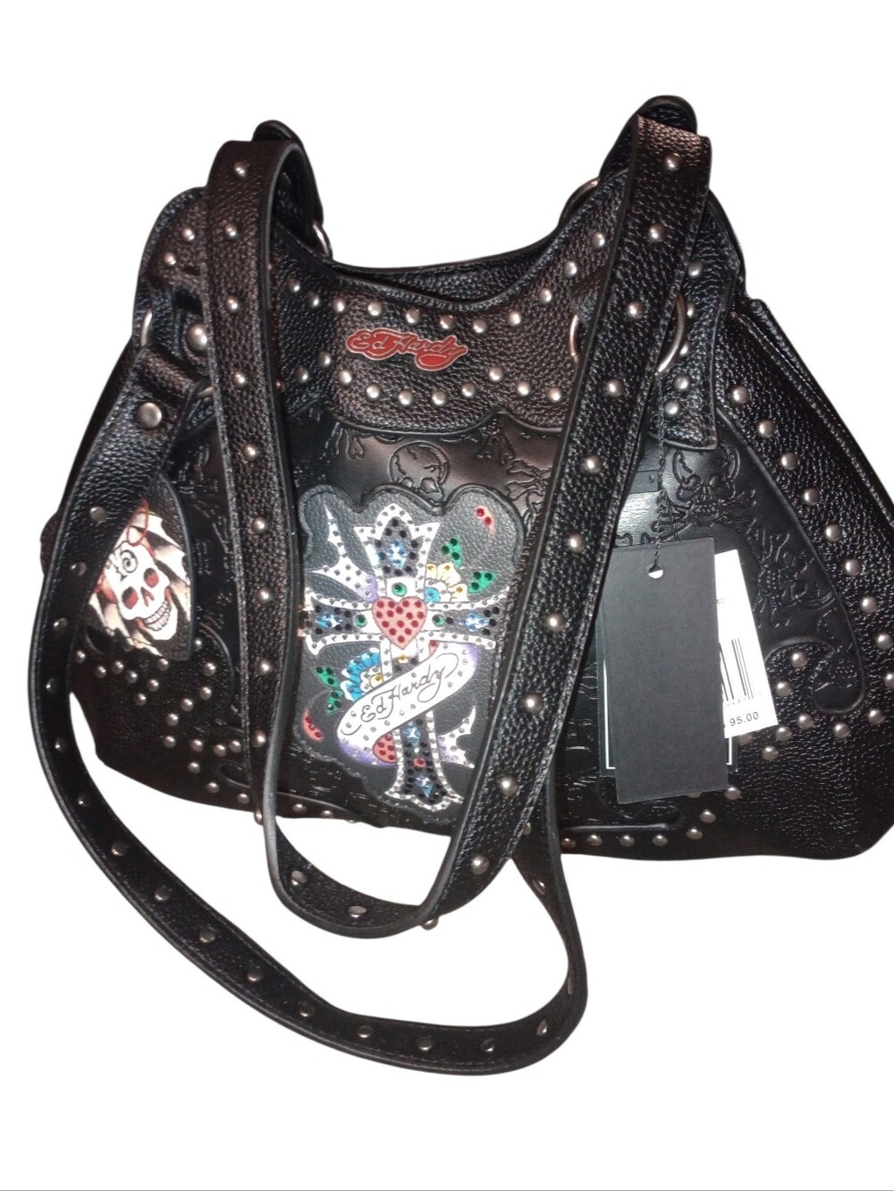Ed Hardy Black Studded Shoulder Bag with Colorful Graphic, NWT